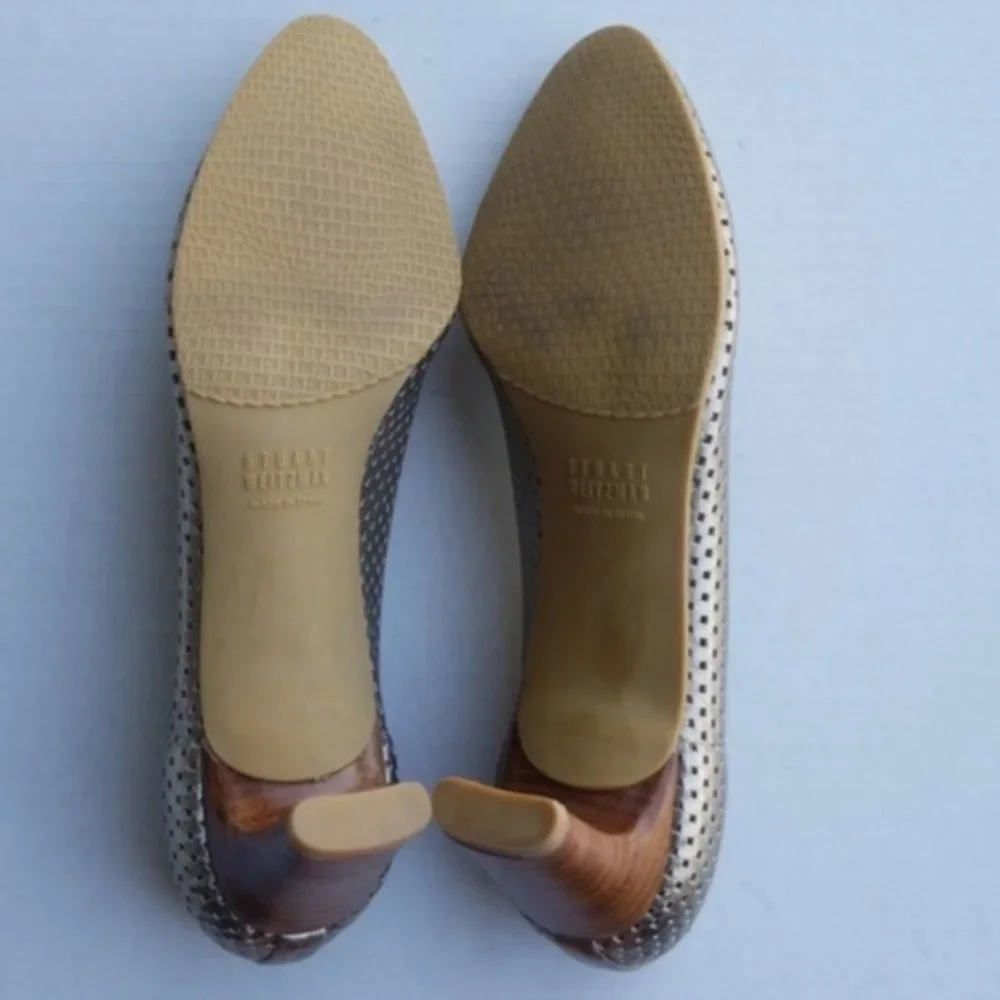 {Stuart Weitzman} Gold Perforated Round Toe Heels